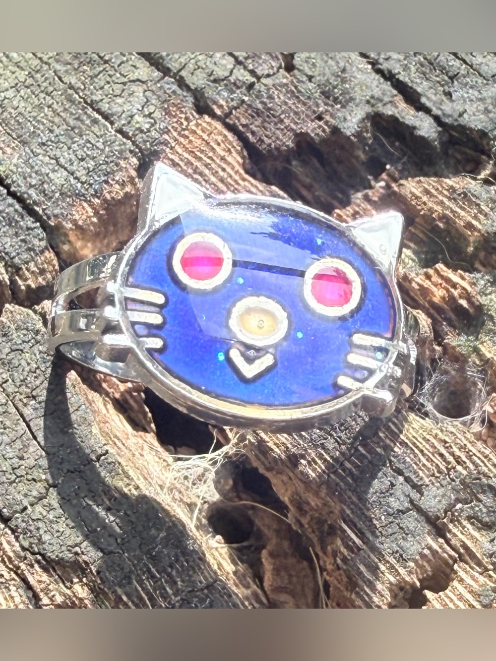 😺 Changing Cat Face Mood Ring Adjustable Silver-Tone with Fushia Eyes